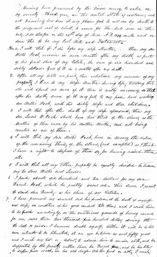 A page from the will of William Peck