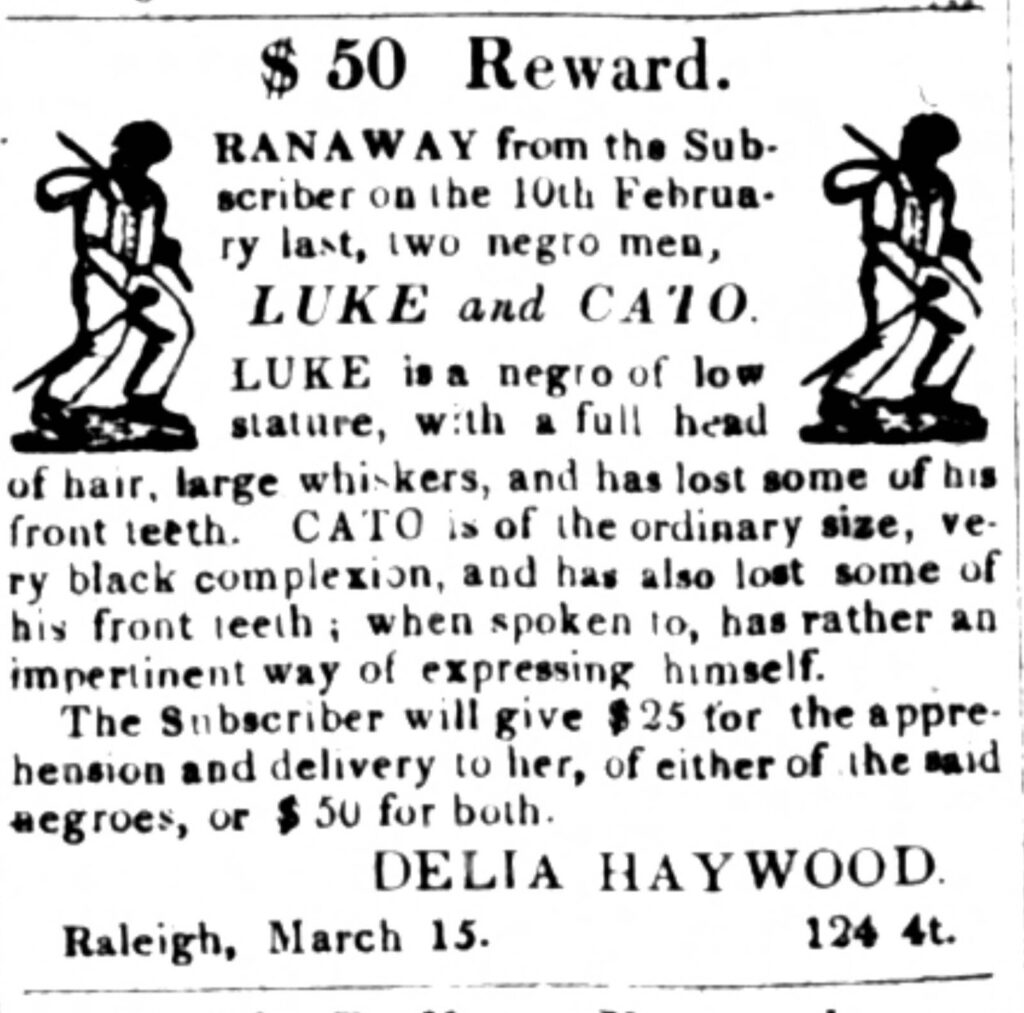 Ad for "Luke and Cato," from the North Carolina Standard, 1837