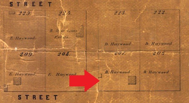 Map from 1847 showing Delia Haywood’s property in downtown Raleigh