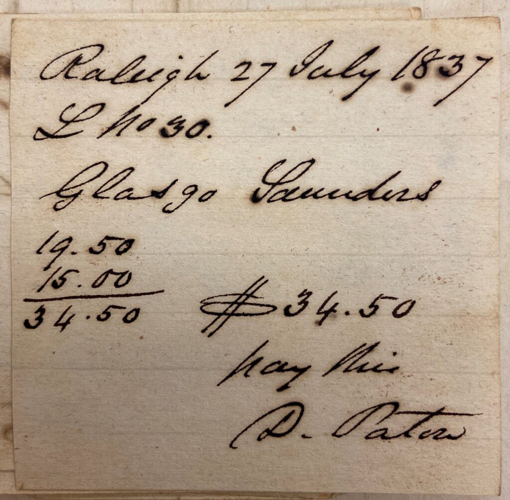 Receipt showing “D. Paton” paying for “Glasgo’s” labor