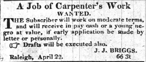 Newspaper ad showing John Briggs requesting enslaved people to come and work for him
