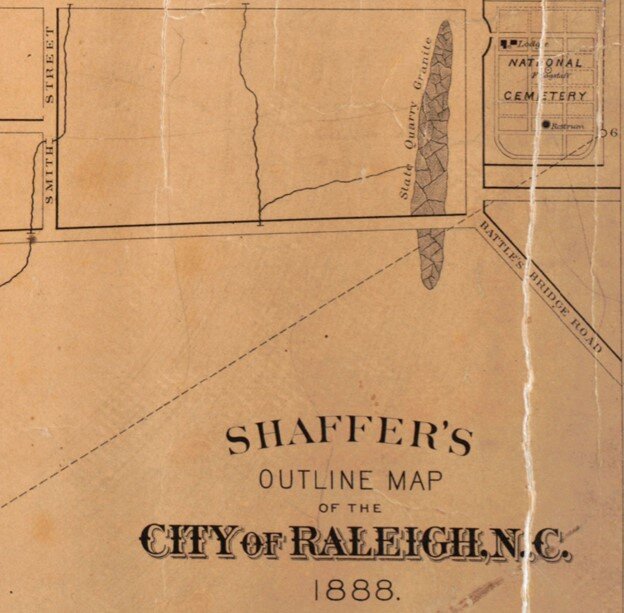 Zoomed in version of 1888 map of Raleigh showing state rock quarry