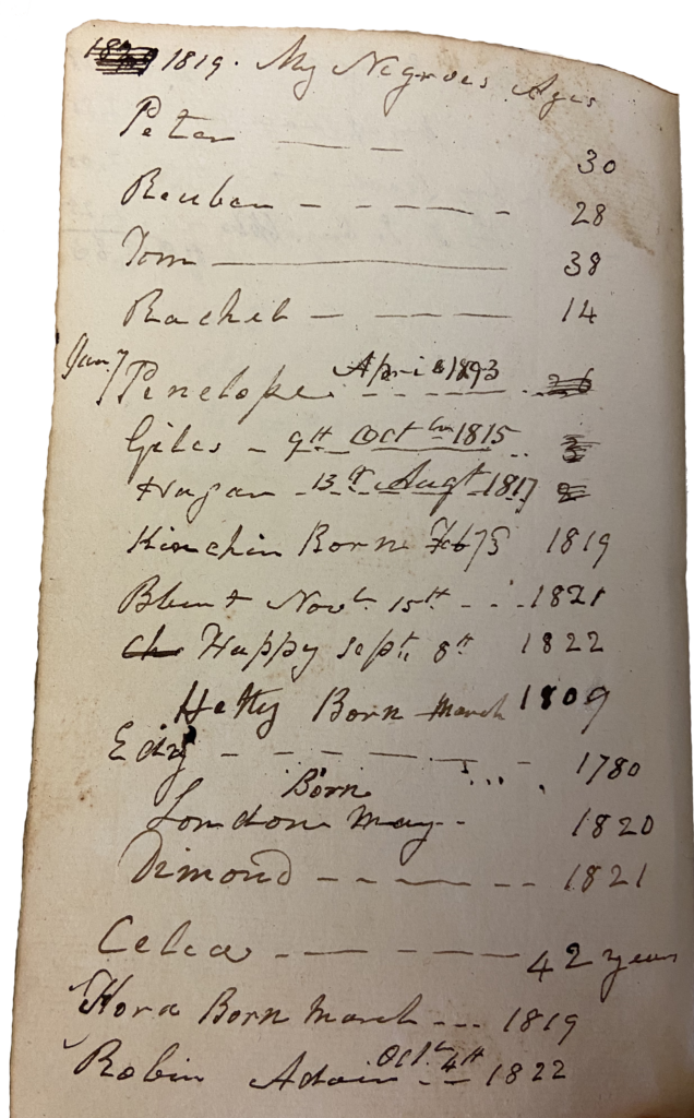 Sarah Stone's diary page listing the birthdates of enslaved people