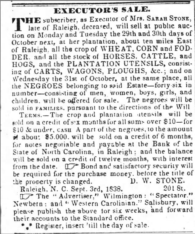 Newspaper article from the Raleigh Weekly Standard, Wednesday, October 3rd, 1838