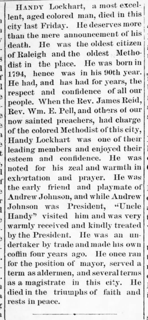 Article about Handy’s death from The Raleigh Christian Advocate
