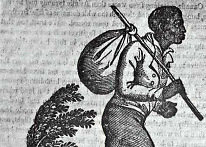 Sketch image of an enslaved person running with a pack on his back