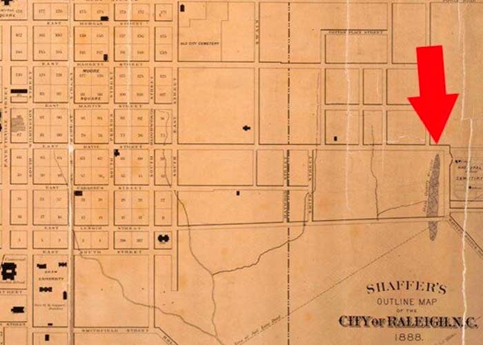Shaffer's map of Raleigh, with red arrow showing state quarry
