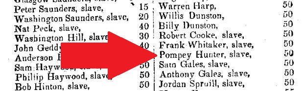 1834 report with red arrow pointing at Pompey Hunter