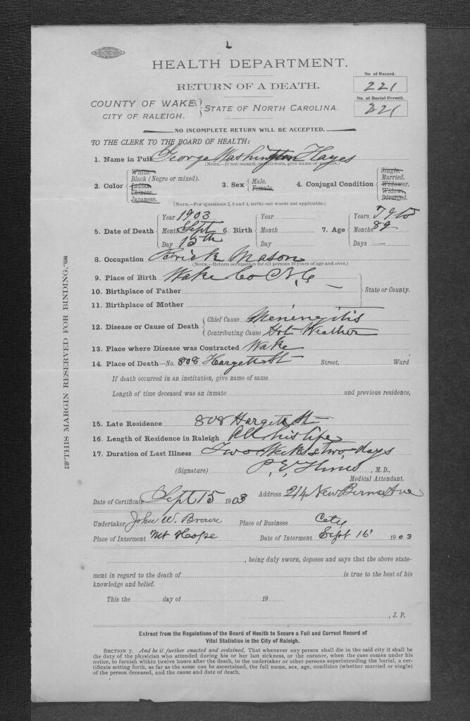 George Washinton Hayes Death Certificate