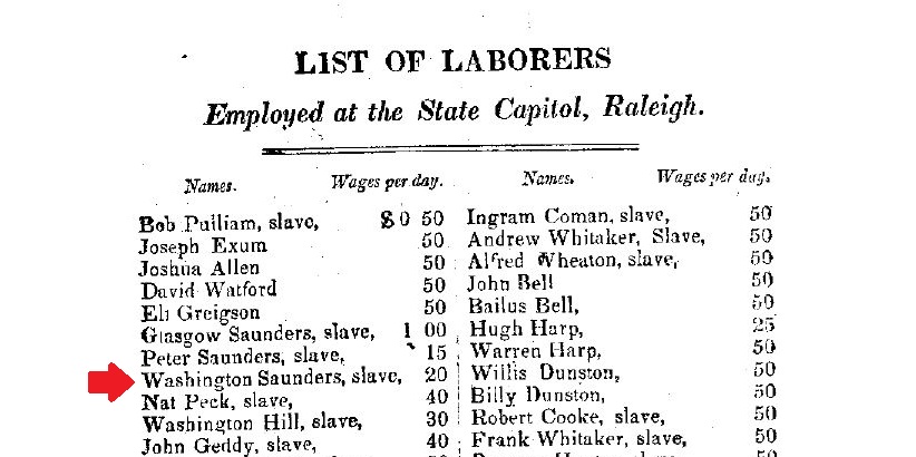 1834 report with red arrow pointing at Washington Saunders