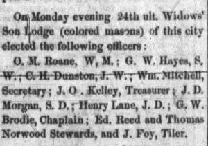 Newspaper clipping describing GW Hayes' leadership position in the Number 4 widows freemason lodge